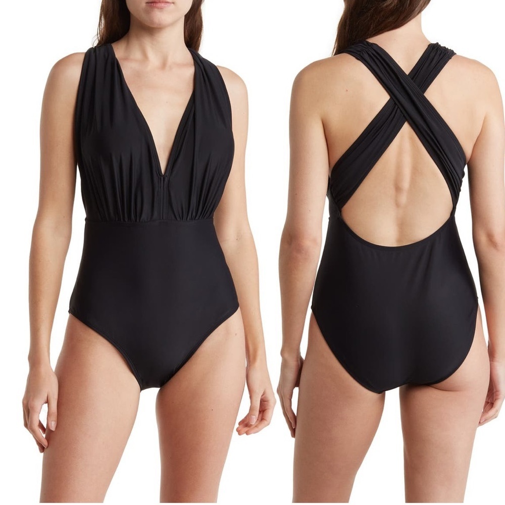 Rachel Roy Solid Plunge Black OnePiece Swimsuit NWT